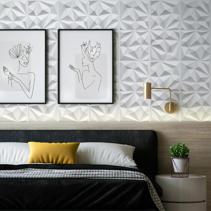 LEVOWAY 33 Pack Decorative 3D Wall Panels for Interior Wall Decor,12''x12'' White Diamond Design Accent Wall Panles for Living Room,TV Wall Background,Bedroom - Image 3